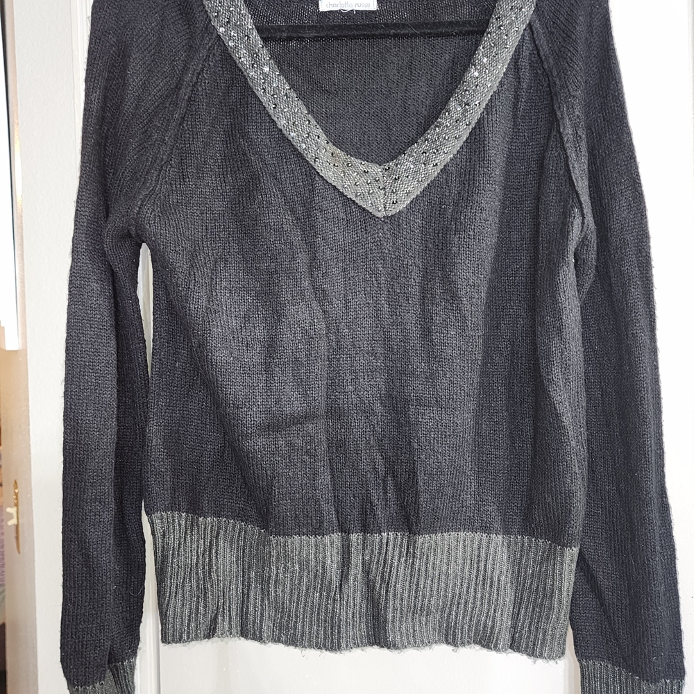 Charlotte Russe Black V-Neck Sweater with Silver Trim